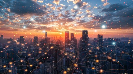 A futuristic cityscape with holographic 5G network symbols floating above skyscrapers showcasing hyper connectivity and advanced wireless technology