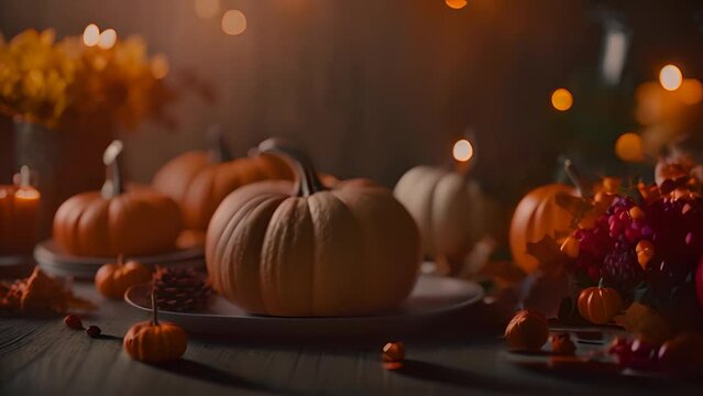 Abundant Pumpkins and Candles on Table Generative AI