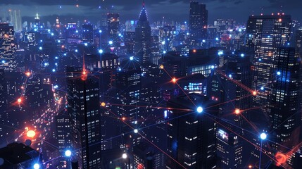 A futuristic cityscape with holographic 5G network symbols floating above skyscrapers showcasing hyper connectivity and advanced wireless technology