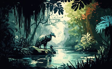 Tropical jungle vector illustration. Jungle landscape with river and wild animals