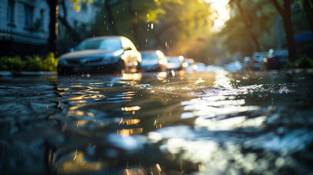 Water flooding a city street, captured to show the impact of extreme rainfall and flash flooding. , natural light, soft shadows, with copy space, blurred background