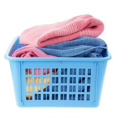 Towels in laundry plastic basket isolated on transparent background PNG