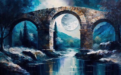 watercolour Mystical Bridge to Spiritual Realms painting texture with oil brushstroke