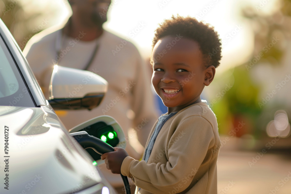 Wall mural Young boy with a smile charging an electric car