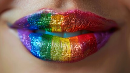 LGBTQ flag on a woman's lips. Pride month concept