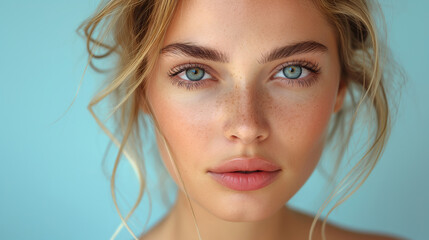 Portrait of beautiful woman. Woman with blonde hair takes care about skin. Beauty concept. Skin concept. Woman concept. Care concept.