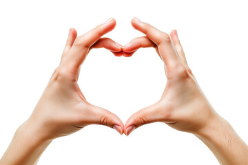 Two hands create a heart shape isolated on white background, conveying love and unity.