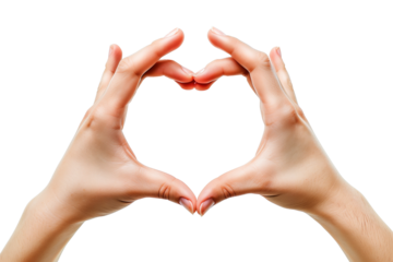 Two hands create a heart shape isolated on white background, conveying love and unity.