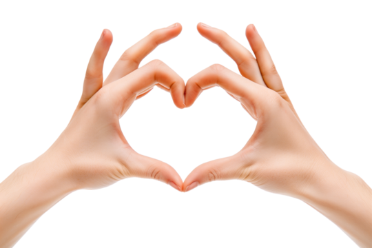 Two hands create a heart shape isolated on white background, conveying love and unity.