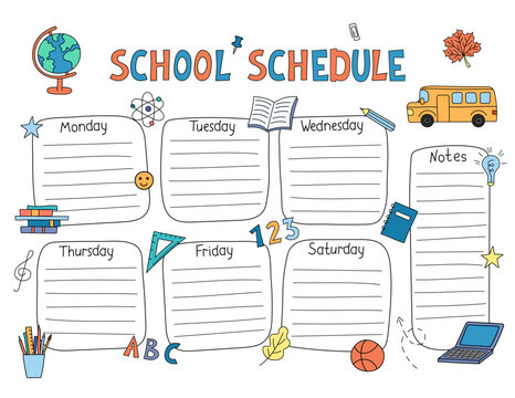 School Schedule template printable US Letter size vector. Weekly class timetable, lesson planner students, kids daily routine chart. Funny doodle hand drawn outline design with educational elements