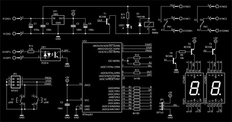 Schematic diagram of electronic device.
Vector drawing electrical circuit with 
led, microcontroller, integrated circuit, button, 
resistor, capacitor, diode, transistor
on background of paper sheet.