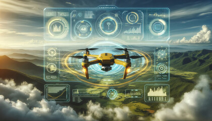 Flying drone over green farmland with a clear sky. Agriculture and technology concept copy space