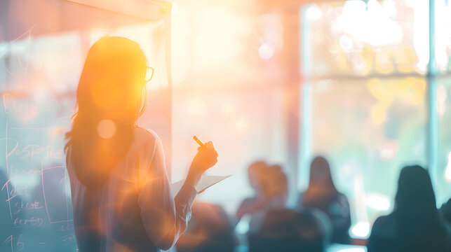 A facilitator writing positive affirmations on a whiteboard with a small group watching, fostering a positive environment, mental health support group, blurred background, with copy space