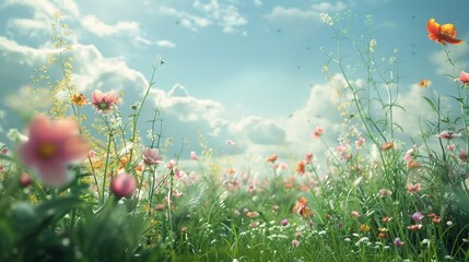 Digital flower petals fluttering in the virtual breeze, creating a serene and tranquil scene reminiscent of a peaceful meadow.