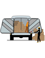 Two men are unloading boxes from a truck