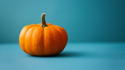 Small orange gourd resting on blue surface