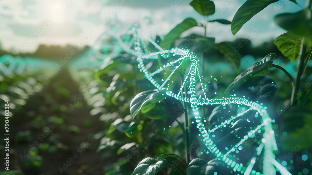 Wall mural a 3d holographic projection of a dna strand within a crop field, symbolizing the genetic enhancement