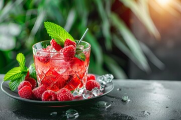 Plate of raspberries and ice, a refreshing dessert on table