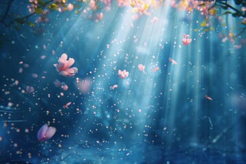 background with space for your text, Underwater scenes with soft light rays and floating particles, background, Fairy-tale flora with sparkling particles and sunlight, suitable for storybook illustrat