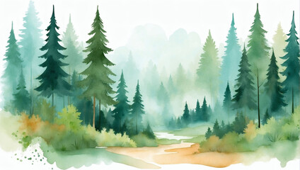 Minimalistic forest landscape drawing with watercolor brush and texture.