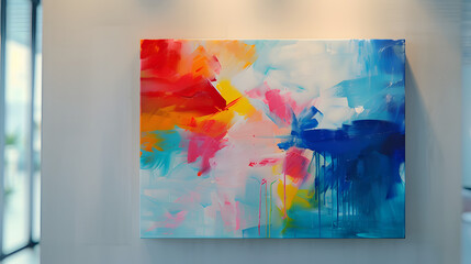 An abstract painting with soothing colors and shapes, hanging on a wall, 