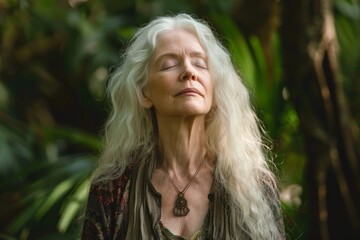 Naklejka premium Elderly Woman Embracing Nature with Serenity and Grace