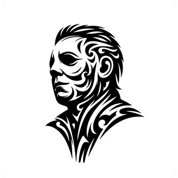 halloween slasher in modern tribal tattoo, abstract line art of horror character, minimalist contour. Vector