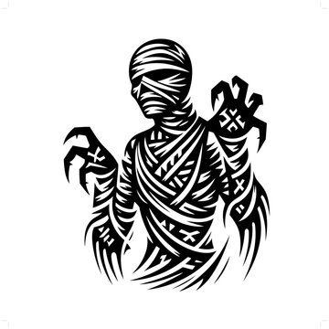 recommend clip art: mummy in modern tribal tattoo, abstract line art of horror character, minimalist contour. Vector