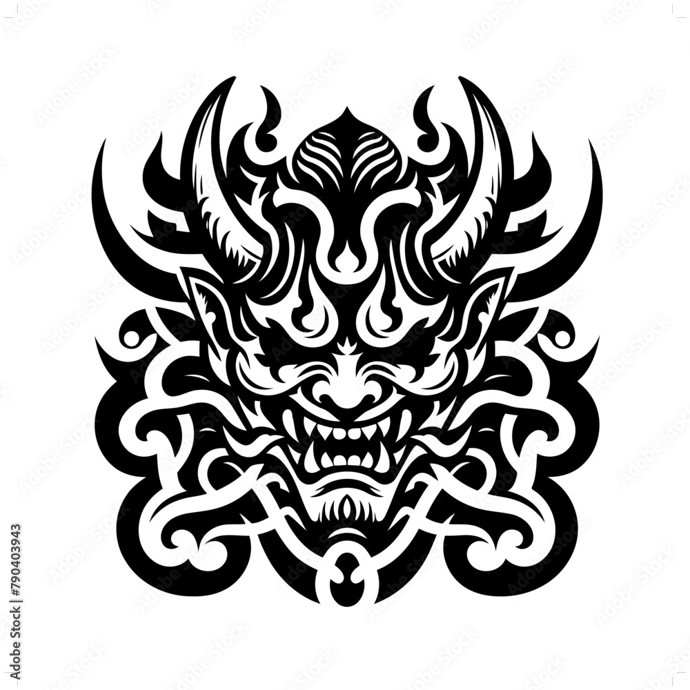 Wall mural oni in modern tribal tattoo, abstract line art of horror character, minimalist contour. Vector - Wall murals