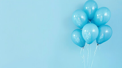 celebration: blue round helium air balloons on side of pastel colored light background with empty...