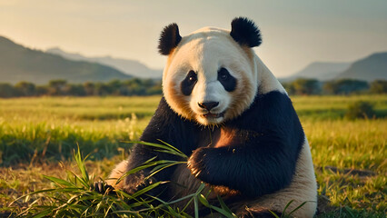Panda, that beautiful animal, sitting and eating his little snack,