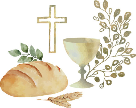 Vector watercolor bread, chalice, olive branch, golden cross. Baptism, greeting cards, invitation, wedding card, save the date, celebration, anniversary, birthday, party, event, holiday, print