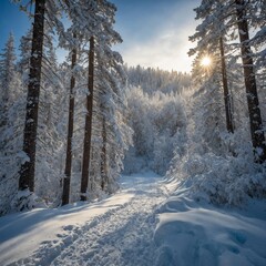 Tranquil winter landscape unfolds, with trail of footprints meandering through forest of snow-laden conifers. Sun, peeking through branches, casts warm glow on pristine snow.