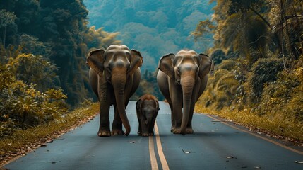 Family of Elephants Walking Along Highway: Jungle Journey