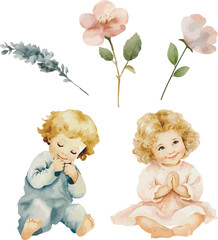 Vector watercolor scene. Girl and boy, beautiful flower. Baptism, greeting cards, invitation, wedding card, save the date, celebration, anniversary, birthday, party, event, holiday, print