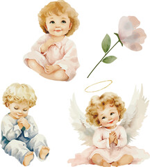 Fototapeta premium Vector watercolor scene. Girl angel on a cloud, boy and girl. Baptism, greeting cards, invitation, wedding card, save the date, celebration, anniversary, birthday, party, event, holiday, print