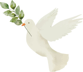 White pigeon is fly with green branch. Baptism, greeting cards, invitation, wedding card, save the date, celebration, anniversary, birthday, party, event, holiday, print