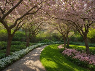 Pathway, serene, inviting, meanders through garden vibrant with life. Cherry blossom trees, lush, in full bloom, flank this path, their pink petals casting dappled shadows on ground. Sunlight, warm.