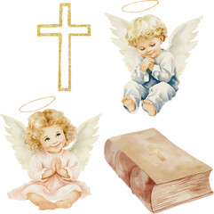 Vector watercolor scene. Girl and boy are angels on a cloud, bible. Baptism, greeting cards, invitation, wedding card, save the date, celebration, anniversary, birthday, party, event, holiday, print