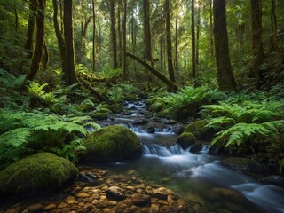 Serene stream meanders through lush, dense forest. Sunlight filters through canopy above, casting dappled light on verdant undergrowth. Moss-covered rocks punctuate flowing water, while ferns.