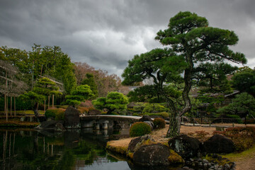 Fototapeta na wymiar Zen botanical gardens during winter in Himeji, Japan