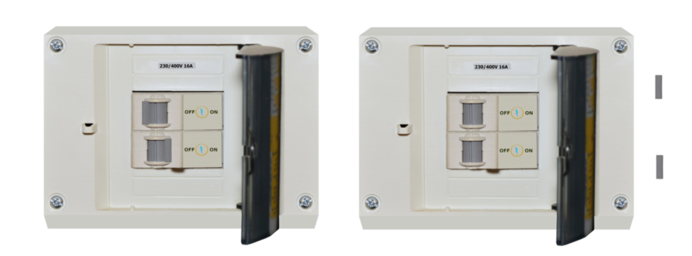 Power fuses 230-400V 16A - turn the power off or on (you can install fuses on or off) - on isolated transparent background.