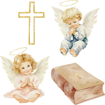 Vector watercolor scene. Girl and boy are angels on a cloud, bible. Baptism, greeting cards, invitation, wedding card, save the date, celebration, anniversary, birthday, party, event, holiday, print