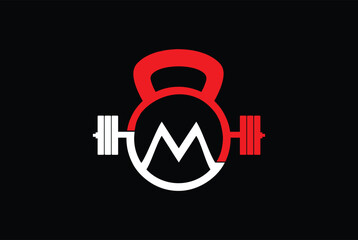 Letter M Logo With kettlebell. Fitness Gym logo. Lifting vector logo design.