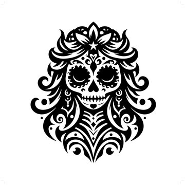 recommend clip art: sugar skull girl in modern tribal tattoo, abstract line art of horror character, minimalist contour. Vector