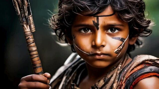 (((Boy, Indian, with His Face Painted, with an Arrow in His Hand))) A striking and photorealistic scene depicting a young Indian boy with intricate face paint, holding an arrow in his hand, capturing 