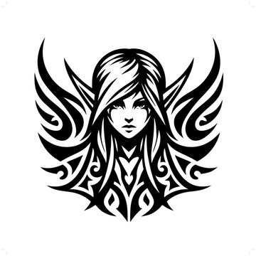 elf girl in modern tribal tattoo, abstract line art of people, minimalist contour. Vector