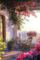 Mediterranean Oasis: Potted Florals Adorn Wrought Iron Terrace