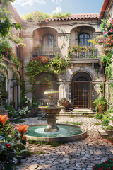 Fototapeta na wymiar Mediterranean Oasis: Courtyard Bliss with Fountain and Flowering Vines