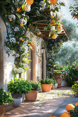 Citrus Haven: Potted Trees and Flowering Vines Adorn Mediterranean Terrace